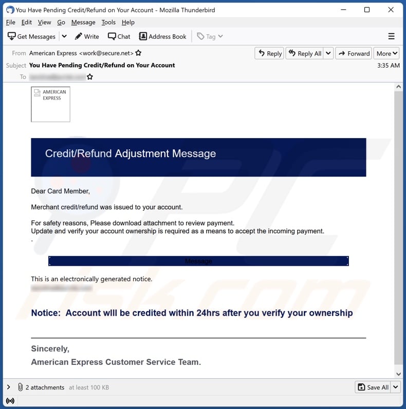 American Express Credit/Refund Adjustment Message email spam campaign