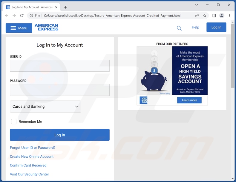 American Express Merchant Reward scam email promoted phishing attachment (Secure_American_Express_Account_Credited_Payment.html)