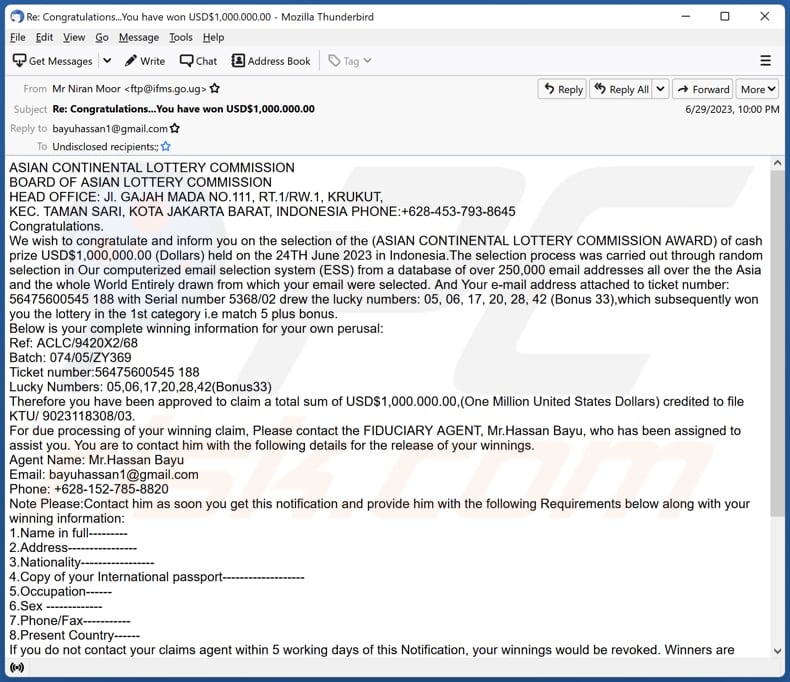 Asian Continental Lottery email spam campaign