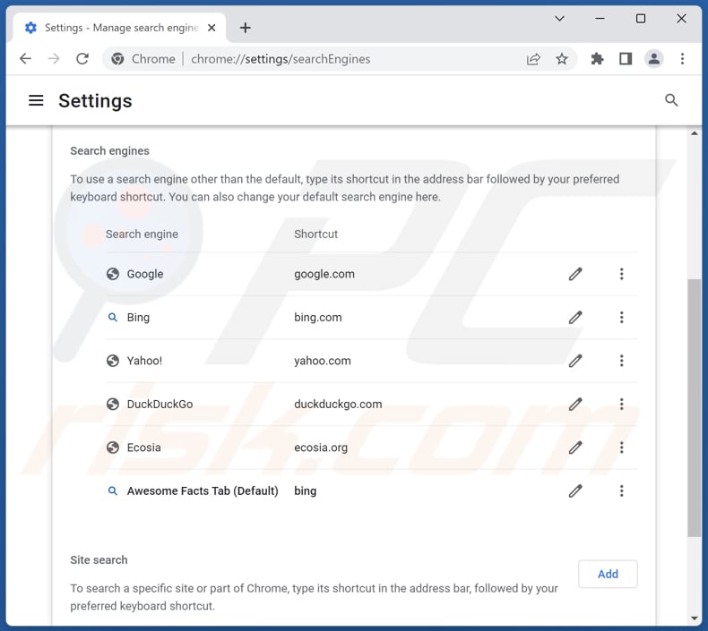 Removing Awesome Facts Tab from Google Chrome default search engine