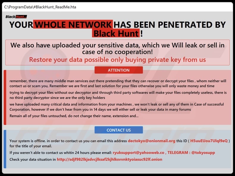 Black Hunt 2.0 ransomware ransom note (#BlackHunt_ReadMe.hta)
