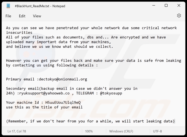 Black Hunt 2.0 ransomware text file (#BlackHunt_ReadMe.txt)