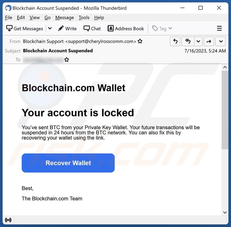 Blockchain.com - Your Account Is Locked email spam campaign