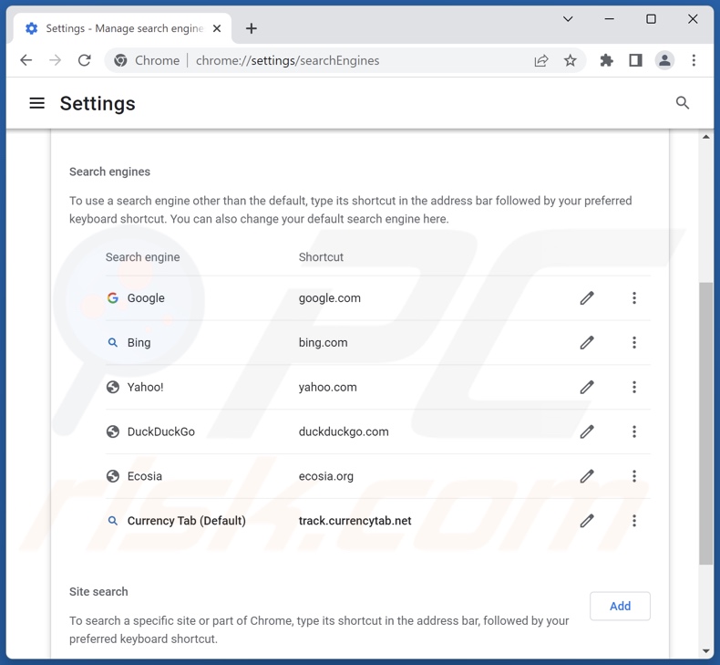 Removing track.currencytab.net from Google Chrome default search engine