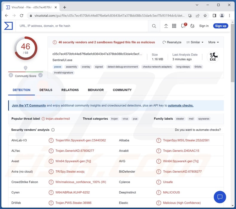 CustomerLoader malware detections on VirusTotal