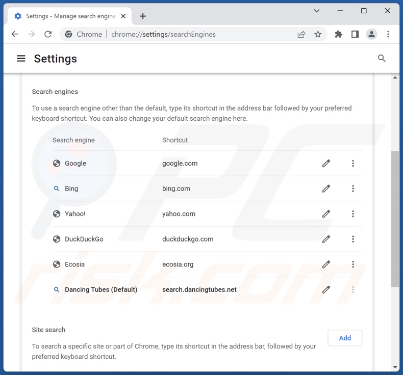 Removing search.dancingtubes.net from Google Chrome default search engine
