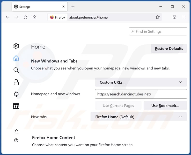 Removing search.dancingtubes.net from Mozilla Firefox homepage