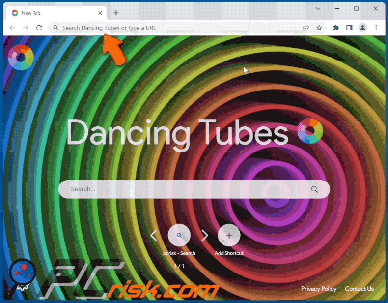 Dancing Tubes browser hijacker redirecting to Bing (GIF)