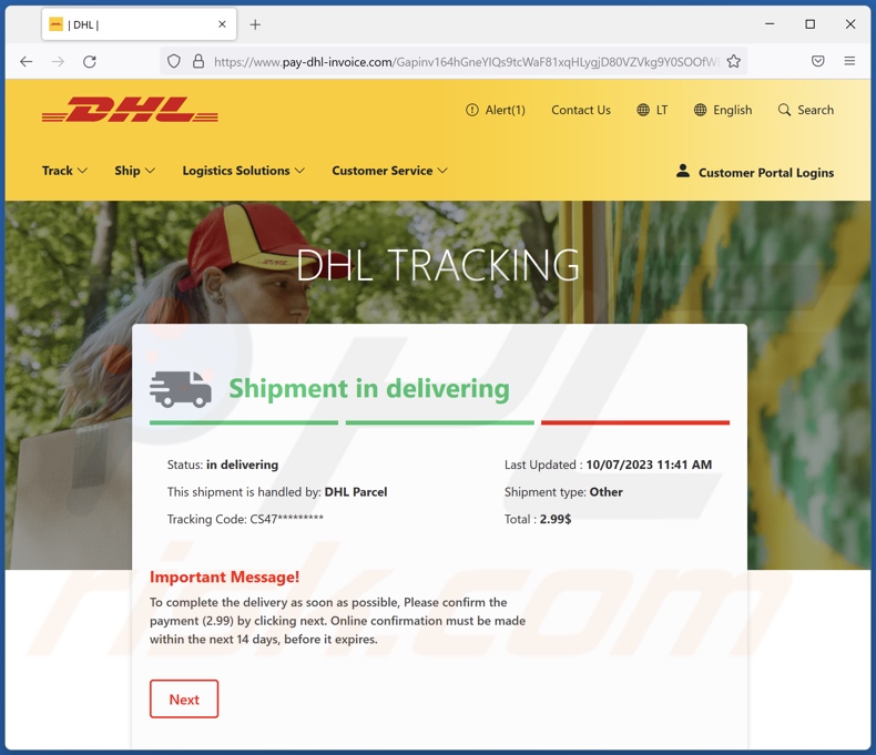DHL Delivery Payment scam email promoted fake DHL site
