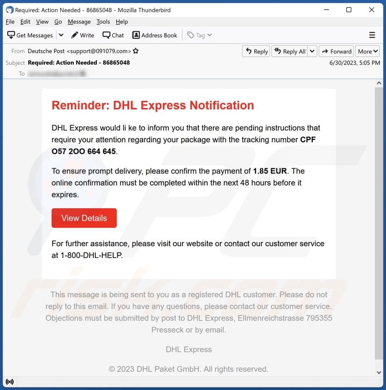 DHL Express Notification email spam campaign