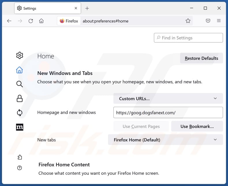 Removing goog.dogsfanext.com from Mozilla Firefox homepage