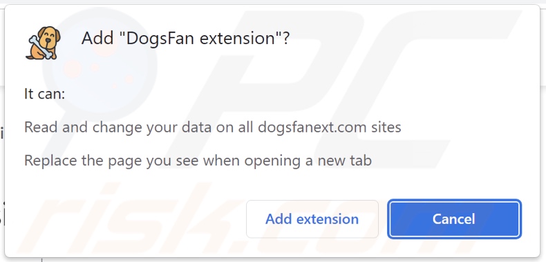 DogsFan extension browser hijacker asking for permissions