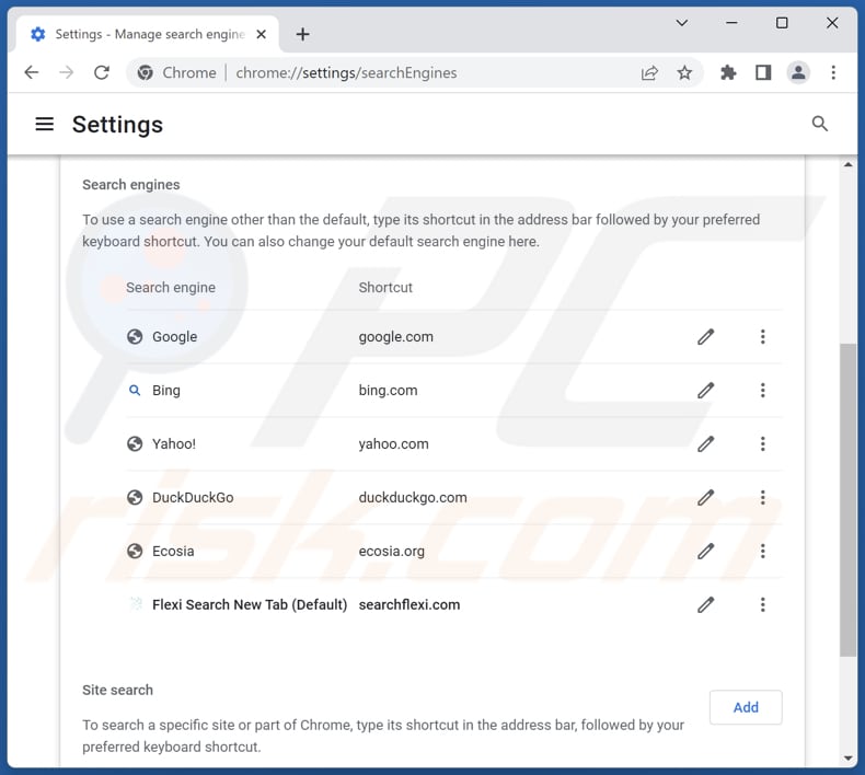 Removing searchflexi.com from Google Chrome default search engine