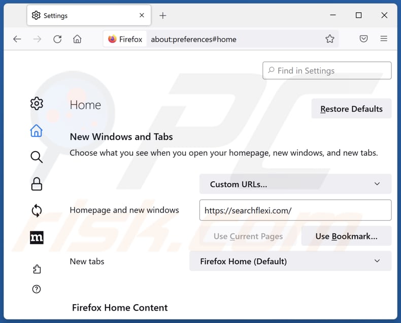 Removing searchflexi.com from Mozilla Firefox homepage