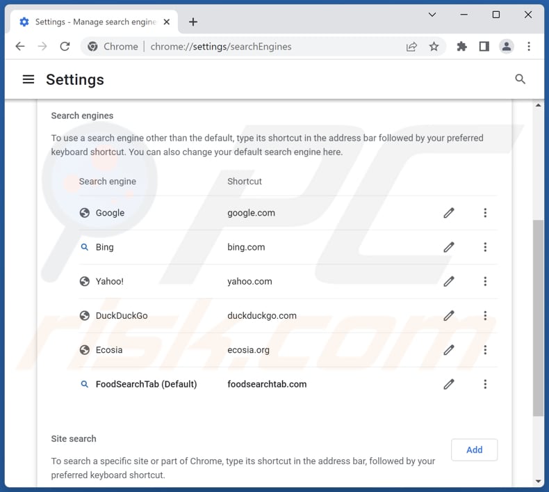 Removing foodsearchtab.com from Google Chrome default search engine