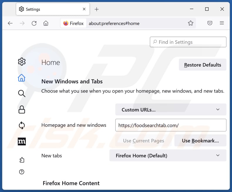 Removing foodsearchtab.com from Mozilla Firefox homepage