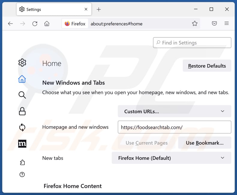 Removing foodsearchtab.com from Mozilla Firefox homepage