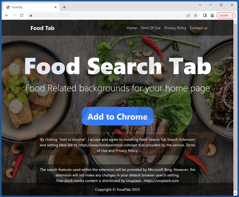 Website used to promote FoodSearchTab browser hijacker