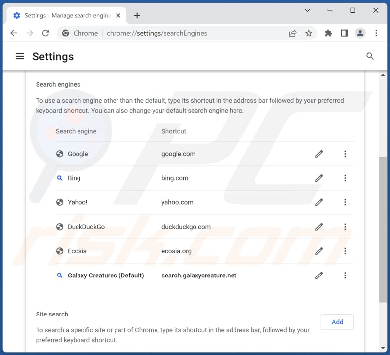 Removing search.galaxycreature.net from Google Chrome default search engine