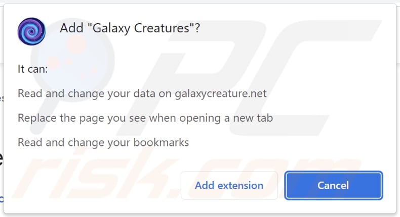 Galaxy Creatures browser hijacker asking for permissions