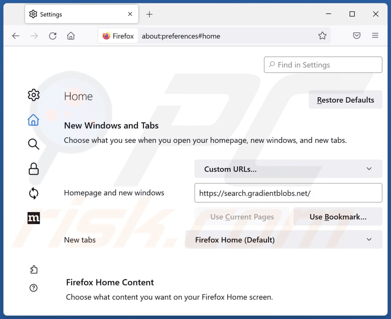 Removing search.gradientblobs.net from Mozilla Firefox homepage