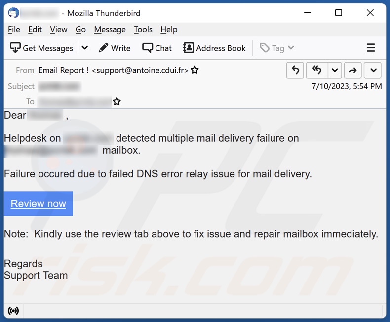 HelpDesk Mail Delivery Failure email spam campaign