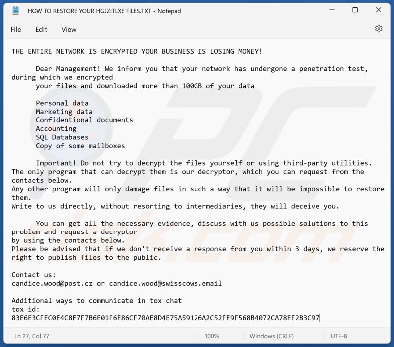 Hgjzitlxe ransomware text file (HOW TO RESTORE YOUR HGJZITLXE FILES.TXT)