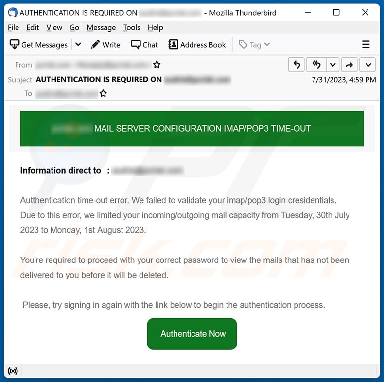 IMAP/POP Configuration Error scam email (2023-08-01)