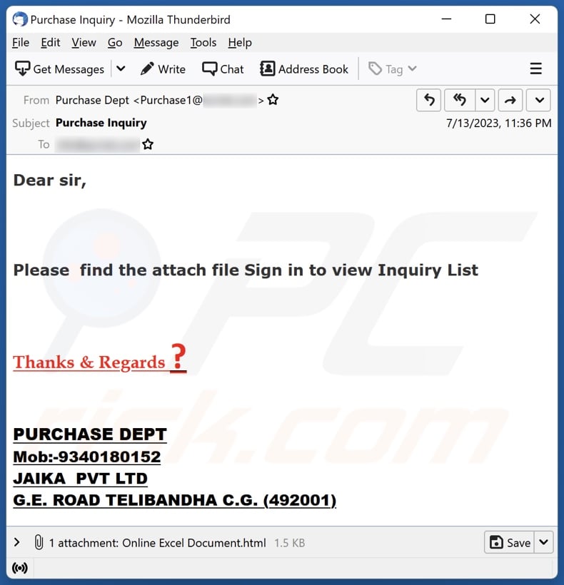 Inquiry List email spam campaign