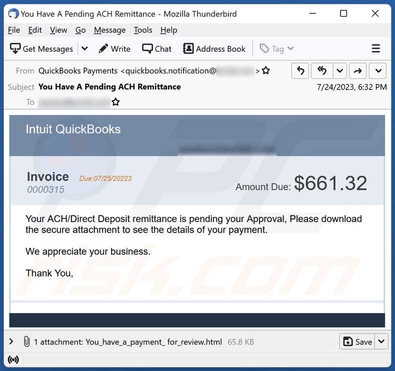 Intuit QuickBooks Invoice email spam campaign