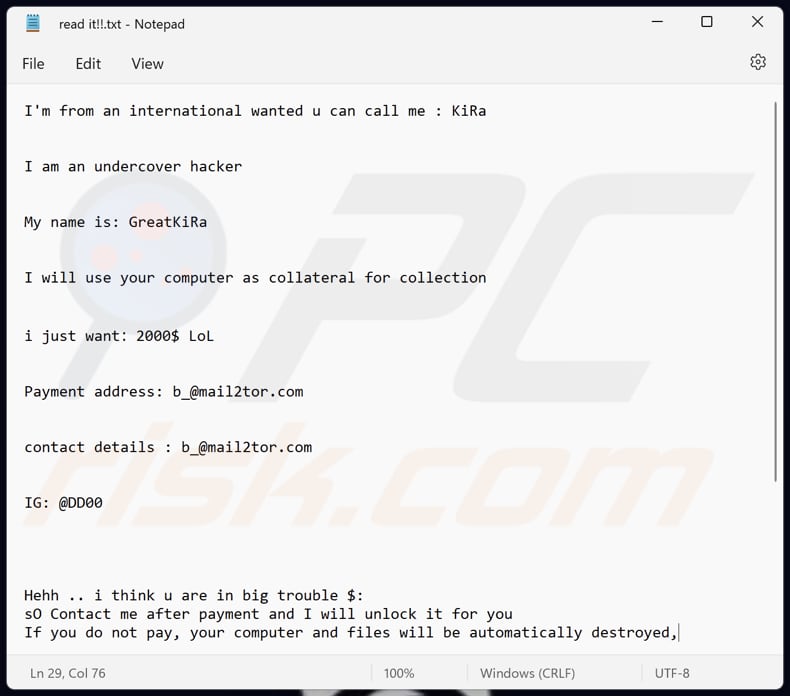 KiRa ransomware text file (read it!!.txt)