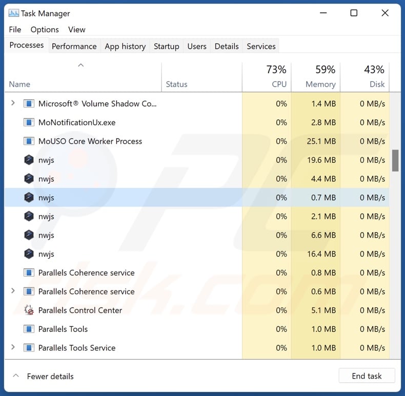 Leading adware process on Task Manager (nwjs - process name)