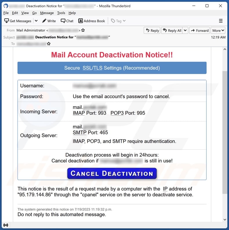 Mail Account Deactivation Notice email spam campaign