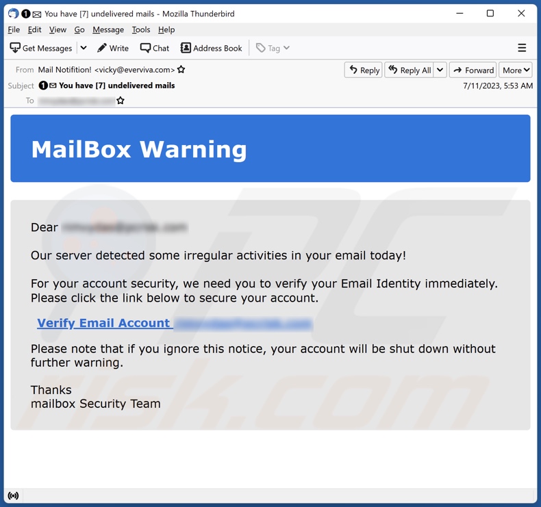 MailBox Warning email spam campaign