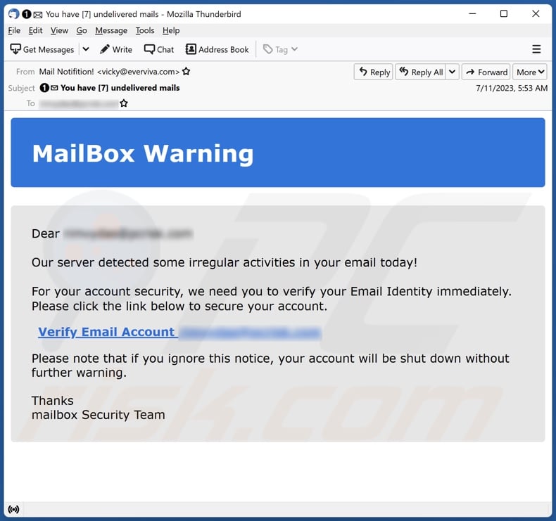 MailBox Warning email spam campaign