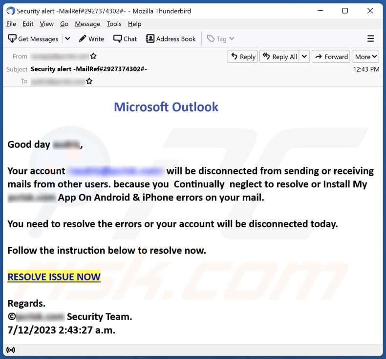 Microsoft Outlook Account Will Be Disconnected email spam campaign