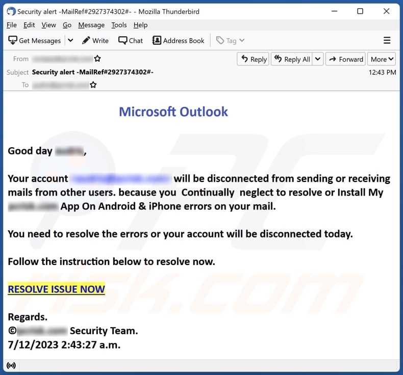 Microsoft Account Security Notification Email Phishing Scam