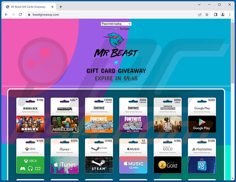 Another website promoting Mr Beast GIFT CARDS GIVEAWAY scam