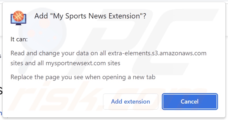 My Sports News Extension browser hijacker asking for permissions