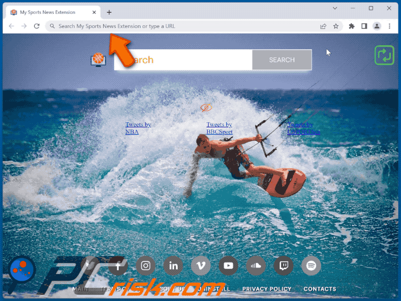 My Sports News Extension browser hijacker redirecting to Yahoo (GIF)