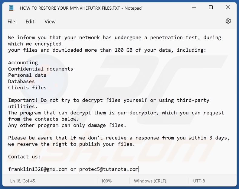 Mynvhefutrx ransomware ransom note (HOW TO RESTORE YOUR MYNVHEFUTRX FILES.TXT)
