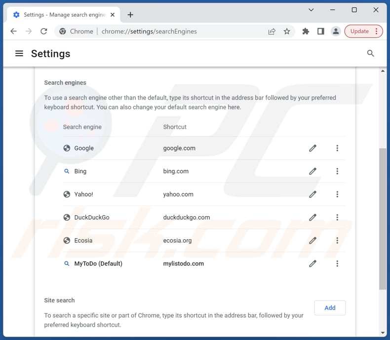 Removing mylistodo.com from Google Chrome default search engine