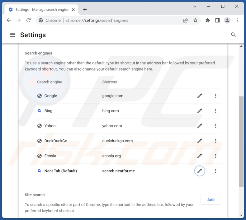 Removing search.neatfor.me from Google Chrome default search engine