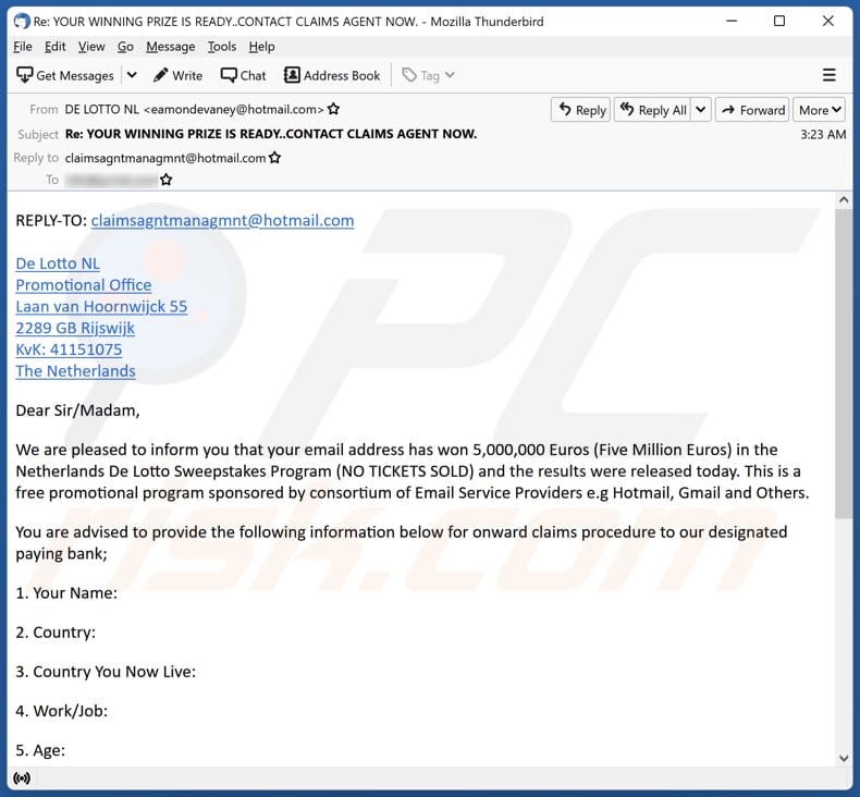 Netherlands De Lotto email spam campaign