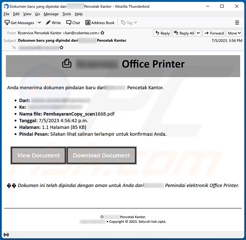Indonesian variant of Office Printer scam email (2023-07-10)