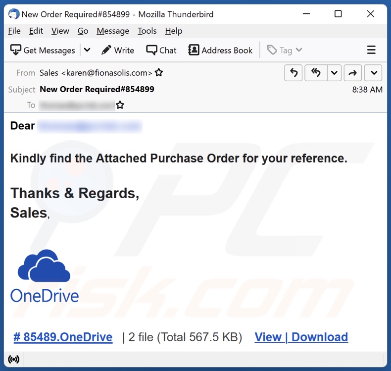 OneDrive Purchase Order email spam campaign