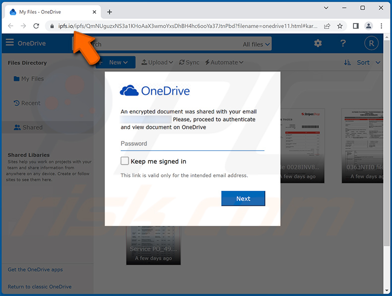 Phishing site promoted via OneDrive Purchase Order email scam
