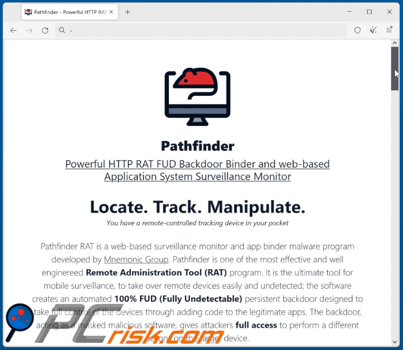 Pathfinder remote access trojan promoted on the Web (GIF)