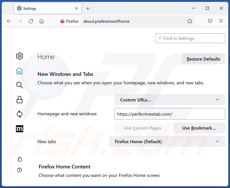 Removing perfectnewtab.com from Mozilla Firefox homepage