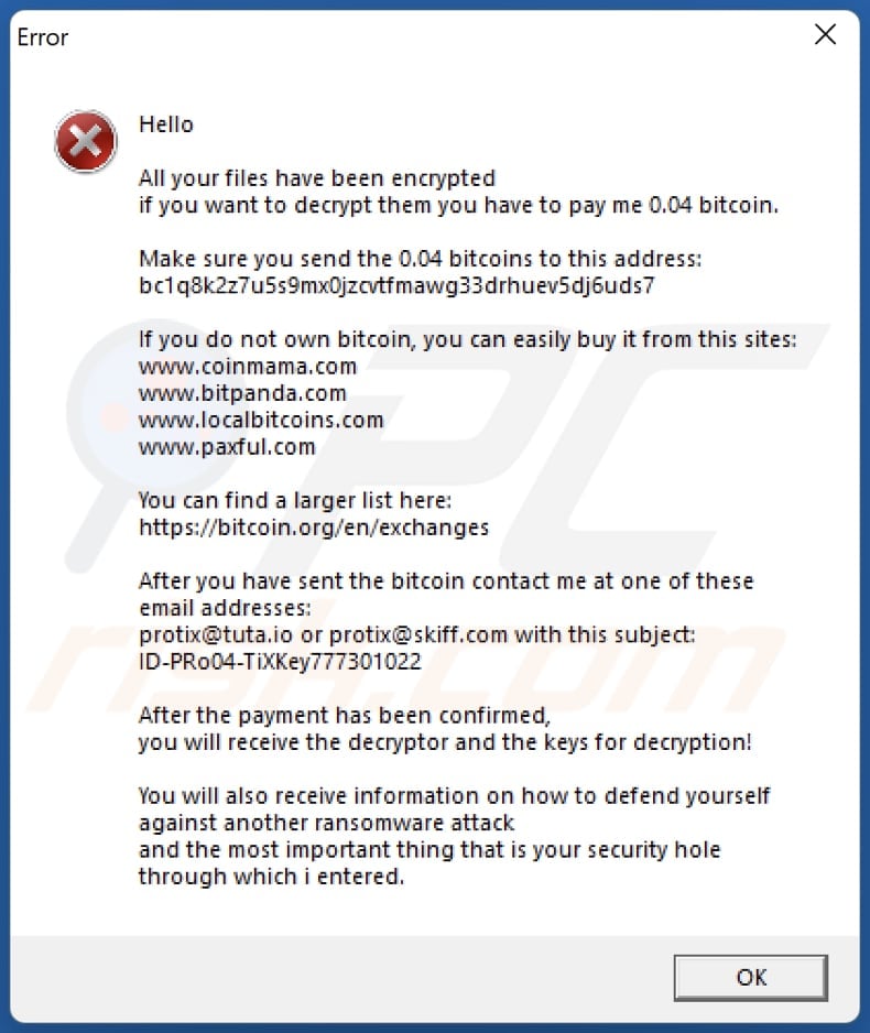 PrO ransomware error message